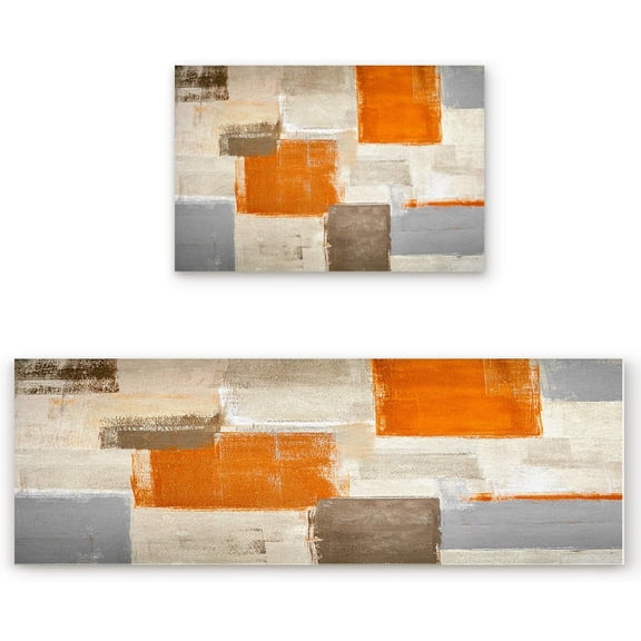 Orange Kitchen Rugs and Mats Set of 2 Orange and Grey Abstract Art Modern Kitchen Sink Mat,Non-Slip Area Runner Rug,Washable Floor Mat for Home Dining Room Office 15.7"x23.6" 15.7"x47.2"