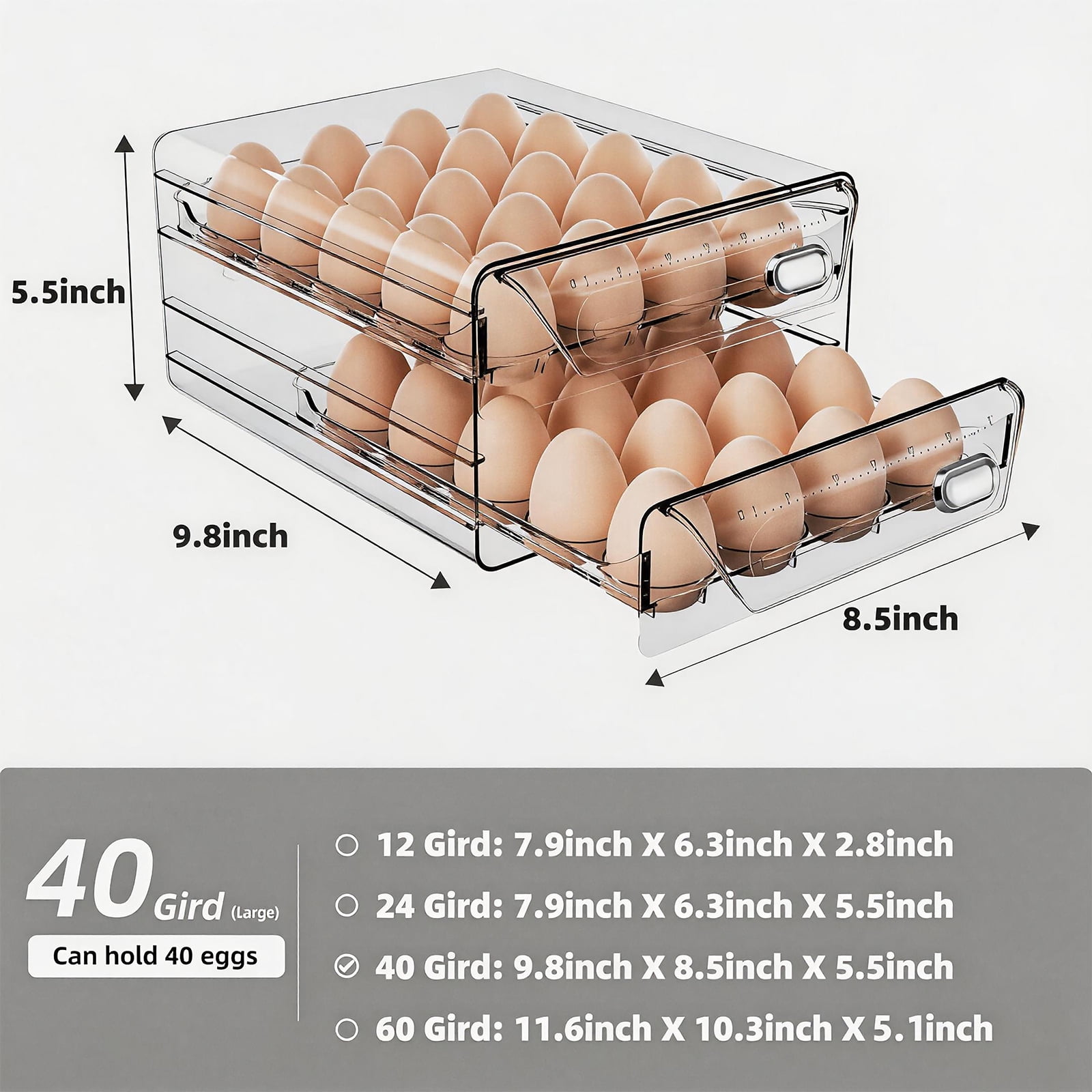 HIYOHIYO 2-Layer  Clear Stackable Fridge Egg Holder, Large Capacity Storage Tray Holds 40 Eggs, 9.8"×8.5"×5.5"