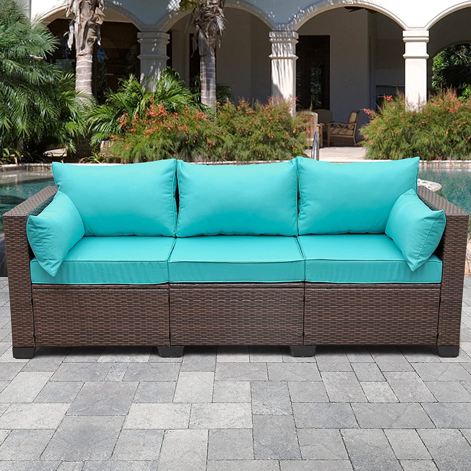 WAROOM Patio Couch PE Wicker 3Seat Outdoor Brown Rattan Sofa Deep