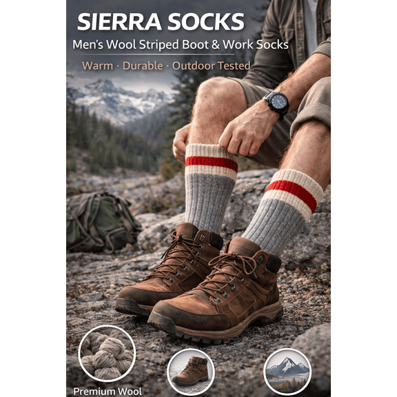 Sierra Socks Men's Wool Striped Boot & Work Socks, Durable Warm Grey Crew Socks, Crew Socks for Winter, Outdoor, Hiking, 3 Pair Pack