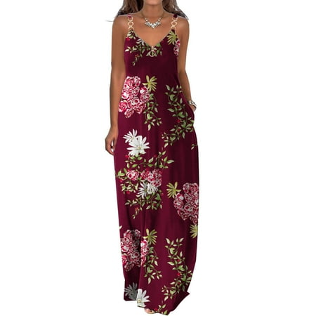 

WQJNWEQ Clearance Summer Dresses For Women 2023 Summer Dresses For Women Casual Boho Printed Hoop Sling Beach Long Maxi Dress With Pockets