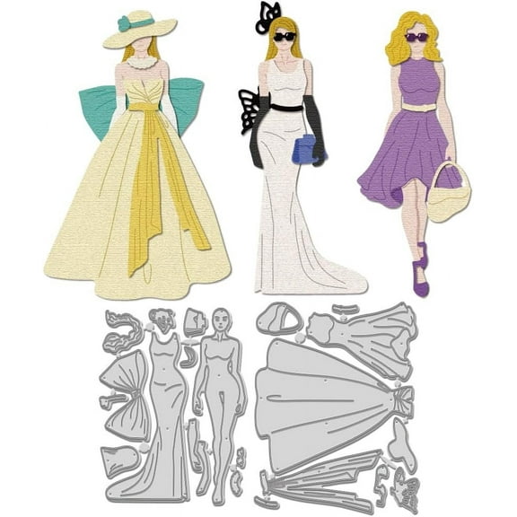 2Pcs Fashion Woman Die Cut Women Dress Cutting Dies Template Elegant Lady Carbon Steel Die Cuts Stencils for DIY Wedding Craft Scrapbooking Album Decor Embossing Paper Dies Card Making DIY