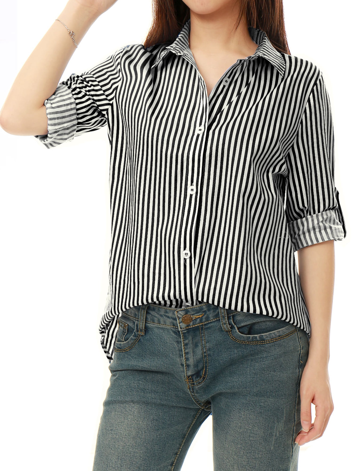 Unique Bargains - Women Vertical Stripes High Low Hem Long Roll Up