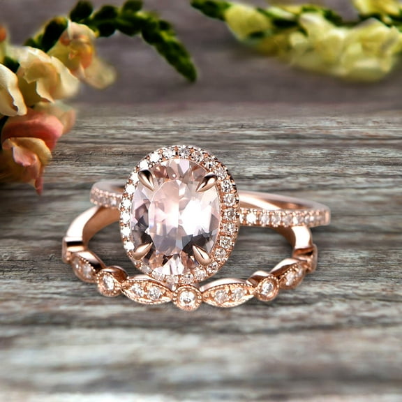 Milgrain 1.75 Carat Oval Cut Morganite Wedding Set Bridal Ring On 10K Rose Gold Halo Art Deco Stacking Matching Band Glaring Shining Startling Staggering