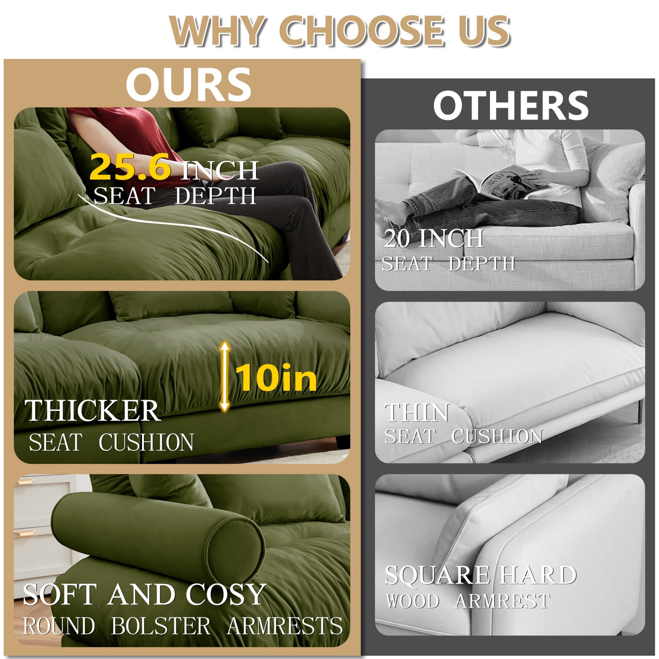 Amuille 93.7" Modular Sectional Sofa Velvet U Shaped Cloud Couch with 2 Movable Ottomans, Deep Seat Couch for Living Room, with Pillows, Olive Green