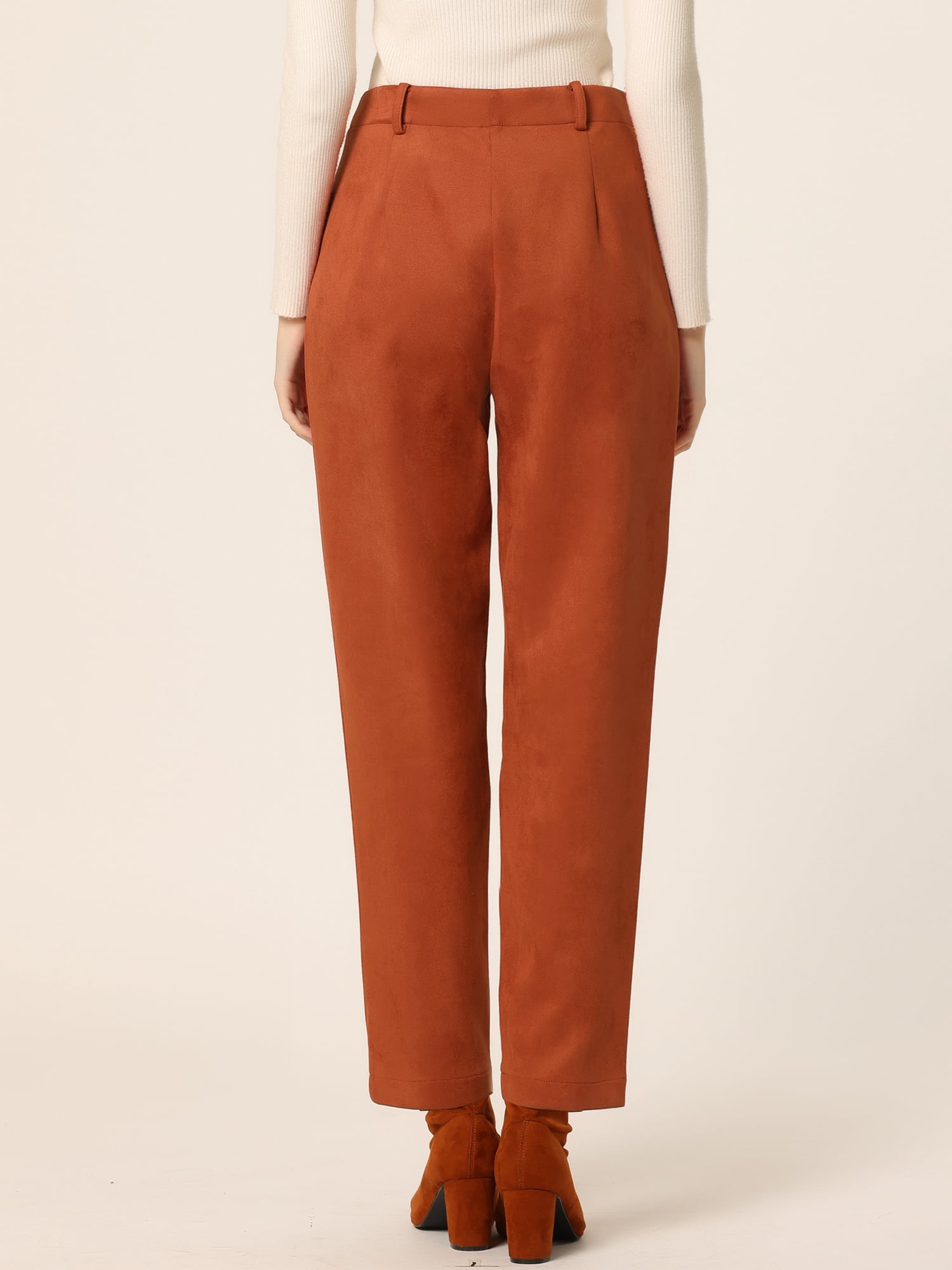 Unique Bargains Women's Faux Suede High Waist Belted Straight Legs Pants S Caramel
