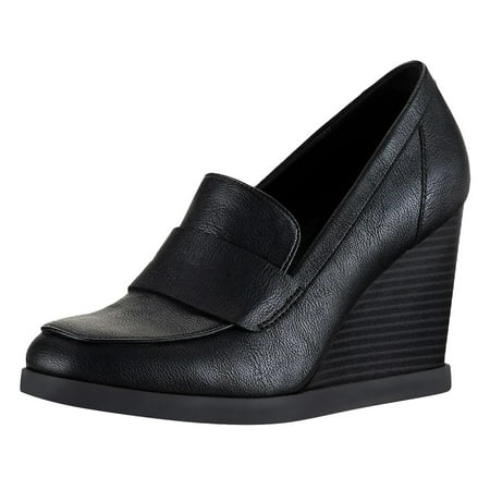 YDN Women Dressy Loafers Pumps Square Closed Toe Slip On Wedge High Heels Shoes Shopping Daily Wear Size 10.5 Black