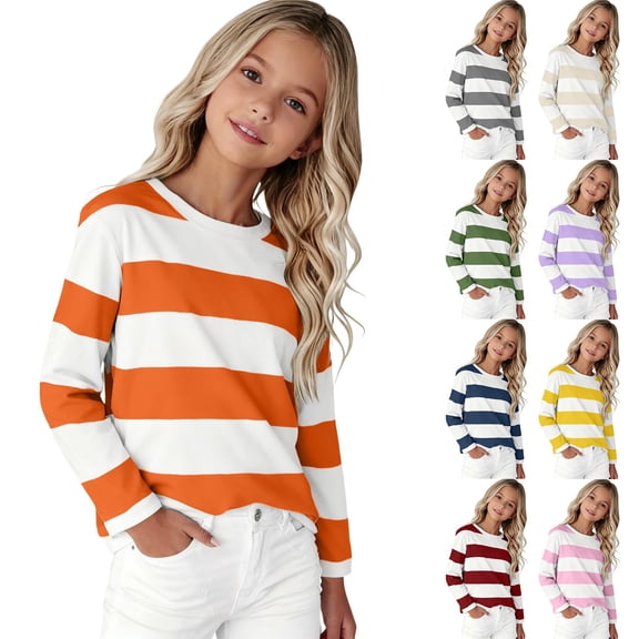 Blekii Kids Long Sleeve Striped T-Shirt, Kids Long Sleeve Striped T-Shirt, Crew Neck Basic Tee Comfortable Top for Girls, Casual Blouse for Children Crew Neck Basic Tee Comfortable Casual Wear,