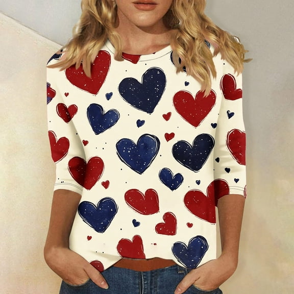 BLTIBY Womens 3/4 Sleeve Top Printed Round Neck Shirts Ladies Fashion Comfortable Casual Loose Pullover Blouse Multicolor 2 L