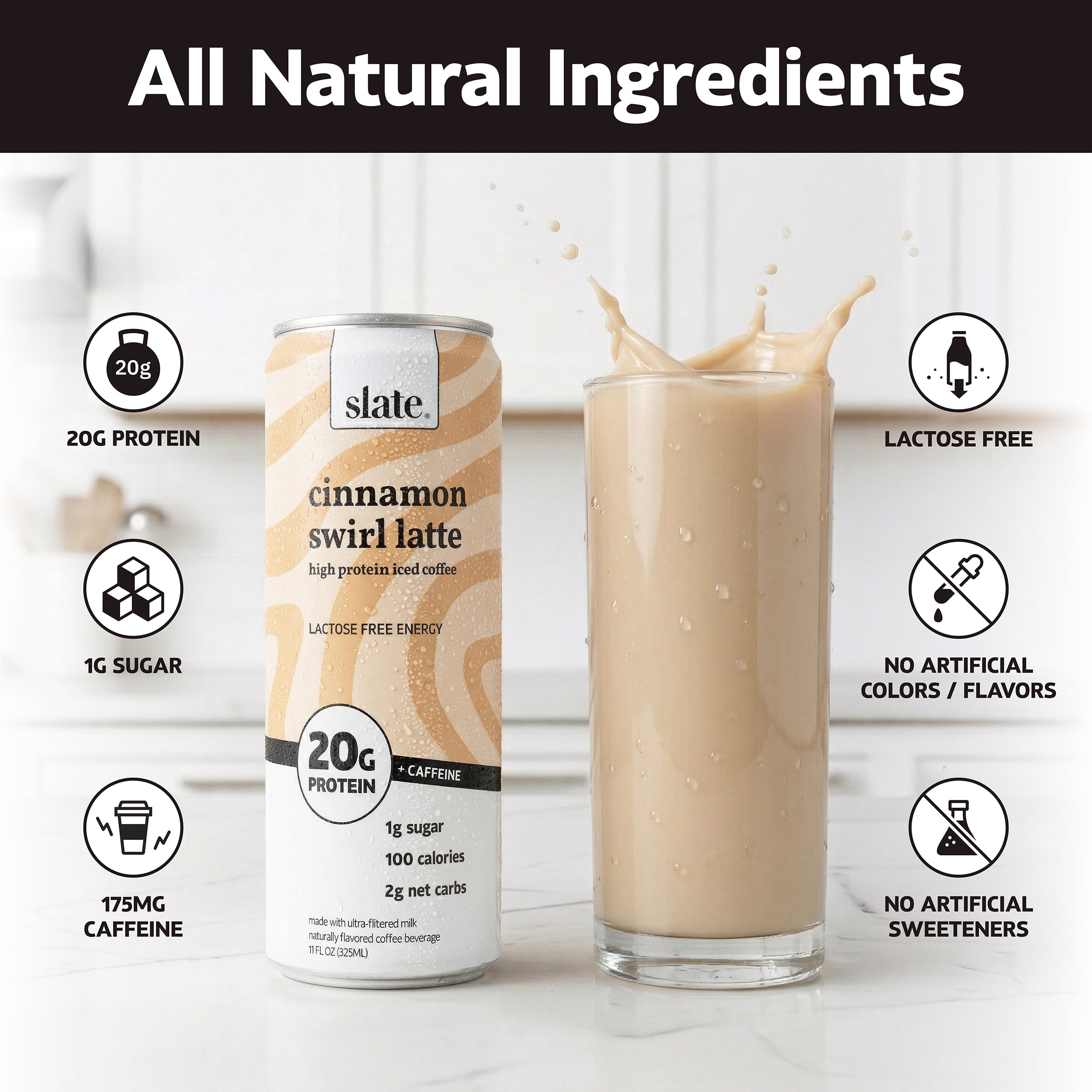 Slate Milk Cinnamon Swirl Latte, High Protein Iced Coffee, 20g Protein, 11 fl oz Can, Ready to Drink