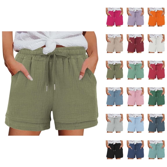 Cotton Linen Shorts for Women Summer Lightweight Elastic Waist Wide Leg Loose Beach Shorts with Pockets