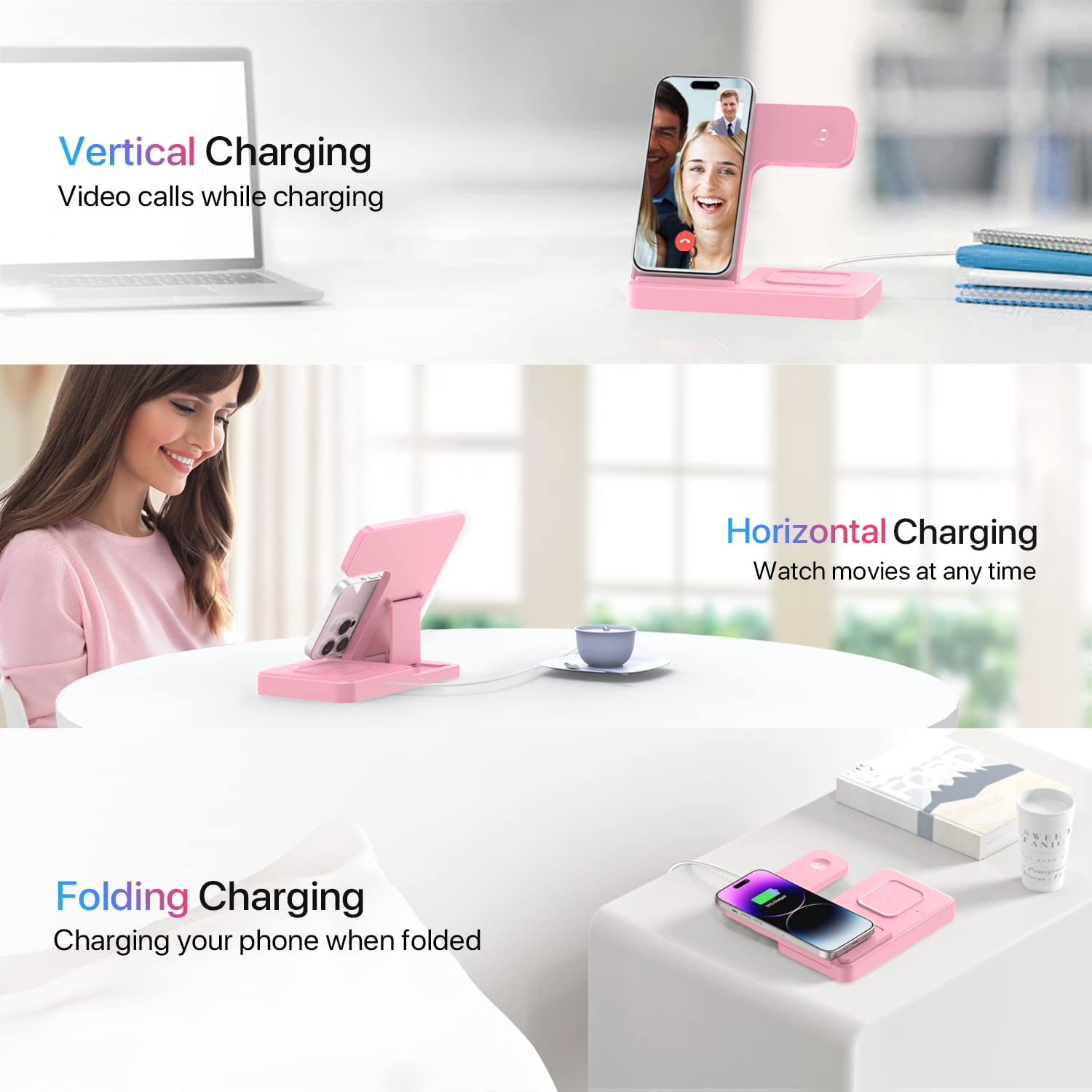 3-in-1 Wireless Charger: Fast Charge for iPhone/Apple Watch/AirPods – Foldable, Pink