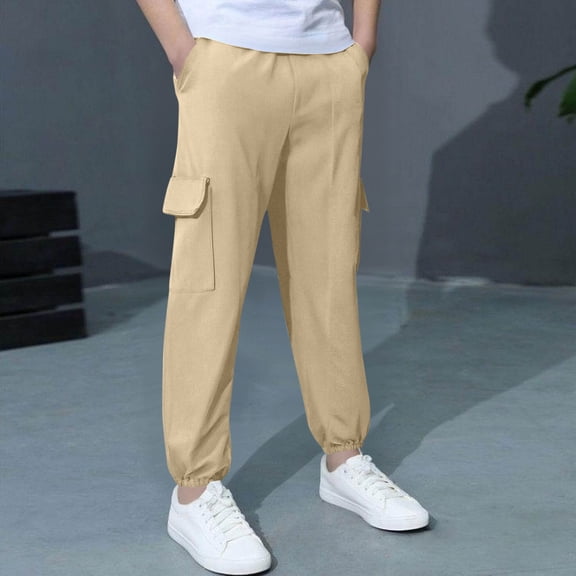 Cethrio Cotton Linen Pants for Boy, Casual School Elastic Waist Multi-pocket Cargo Pants Beige Size 10-12