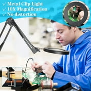 KIRKAS LED Magnifying Lamp Metal Swing Arm Magnifier Lamp -10 Levels Brightness, 3 Color Modes, 10X Magnification, 5 Diameter Glass Lens, Adjustable Industrial Clamp for Reading/Office/Work
