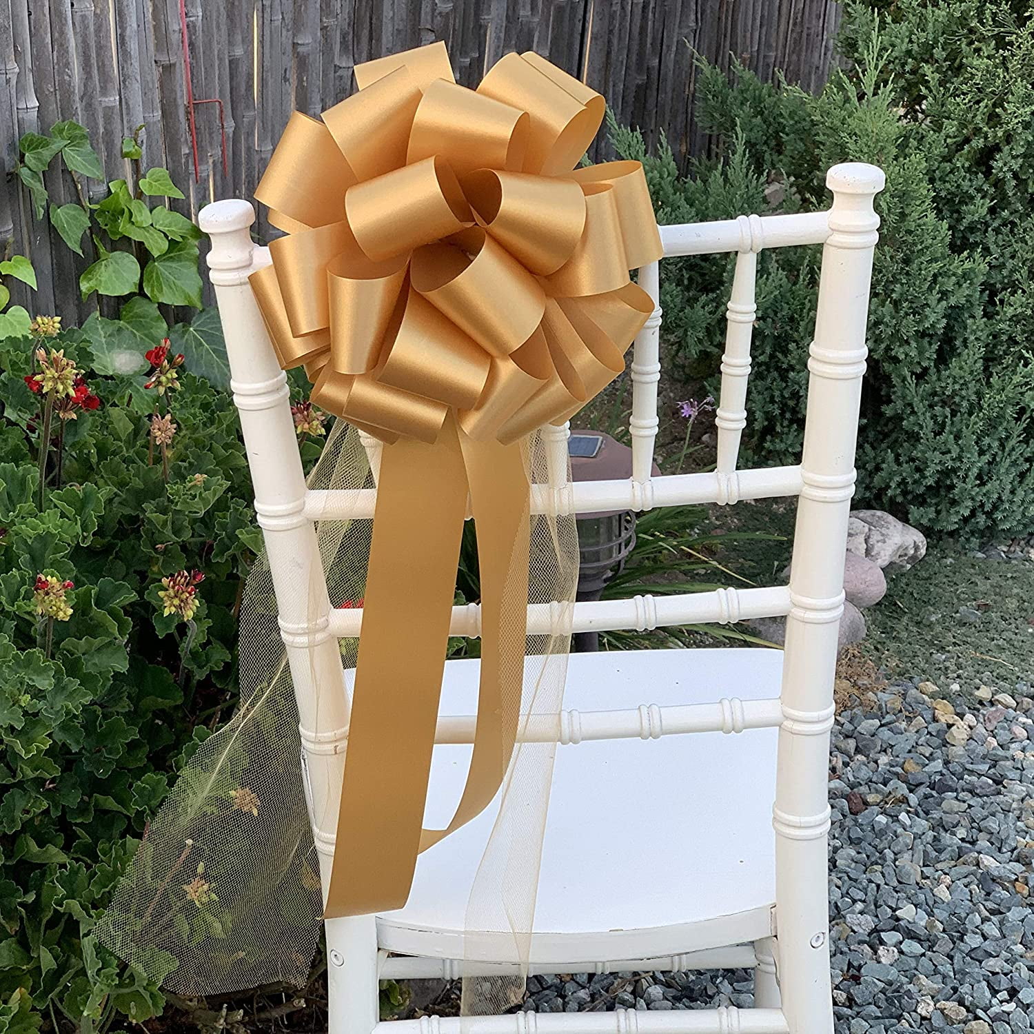 Large Gold Wedding Pull Bows with Long Tulle Tails - 9" Wide, Set of 6, Wedding, Aisle Decor, Thanksgiving, Reception, Christmas, Anniversary