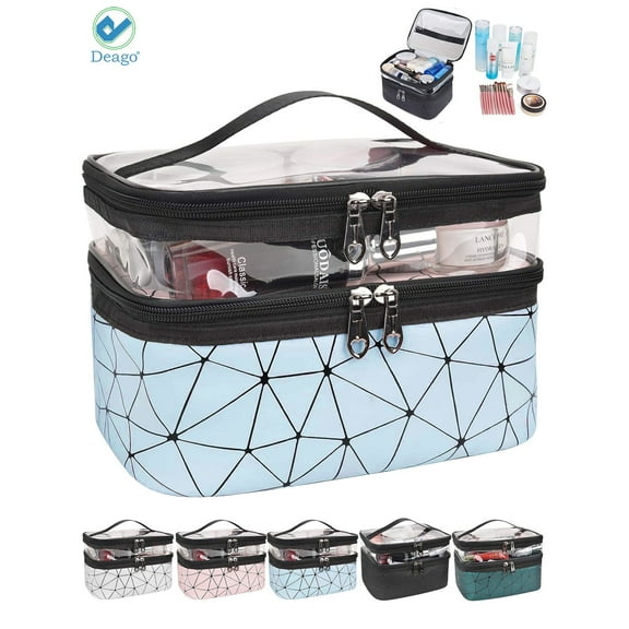 Deago Makeup Bags Double Layer Large Cosmetic bag Clear Travel Cosmetic Case Toiletry Bag Water-resistant for Women Girls (Blue)