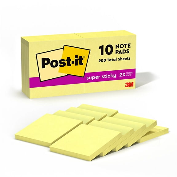 Post-it® Super Sticky Notes, 3" x 3", Canary Yellow, Pack Of 10 Pads