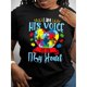 thumbnail image 1 of Camiseta de manga corta y cuello redondo "Voz Vibrante del Autismo": corte regular a la moda, ideal para cualquier temporada, elegante top con estampado gráfico para mujer, ideal para practicar deport, 1 of 6