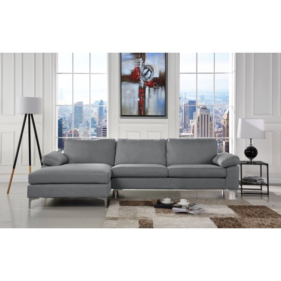 Modern Large Linen Fabric Sectional Sofa, L-Shape Couch with Extra Wide Chaise Lounge (Light Grey)