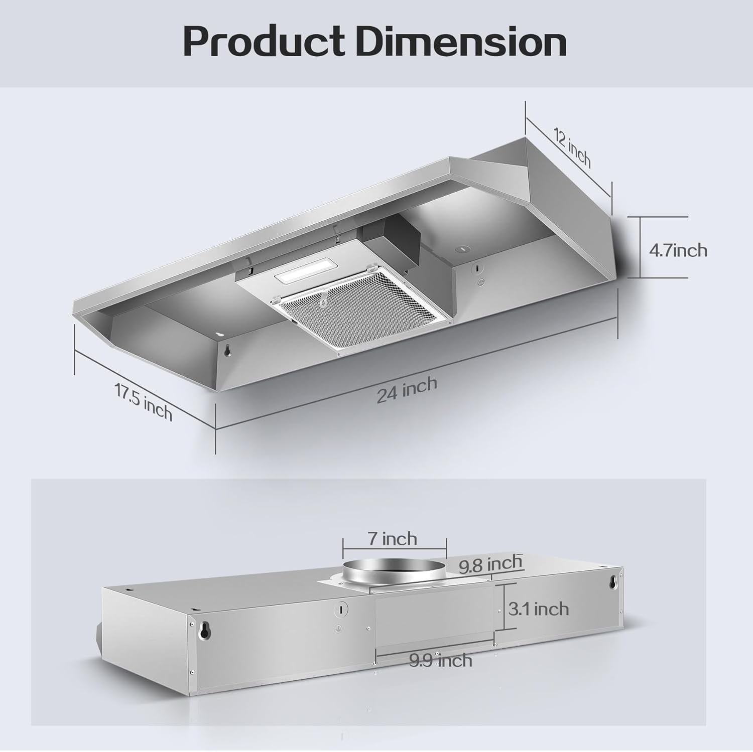 24 inch Range Hood Under Cabinet, Stainless Steel Kitchen Hood 280CFM, Ducted/Ductless Vent Hood with Rocker Button Control, Stove Hood with 2 Speeds Fan, Bright LED Light, black, silver, white