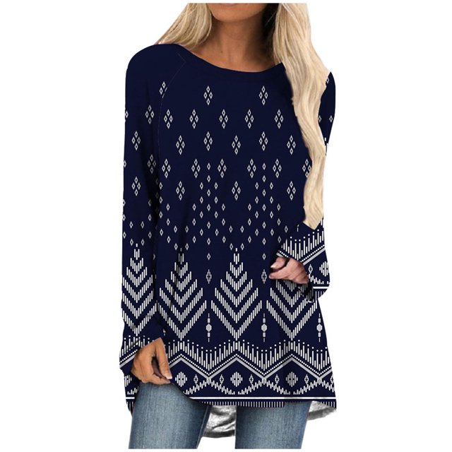 Mujeres Casual Tribal Wind Impreso Manga larga O-cuello Pullover Blusa Camiseta Tops Pompotops FGAJ1099