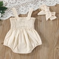 thumbnail image 3 of Infant Baby Girls Summer Elastic Jumpsuit Outfit Solid Color Ruched Casual Sleeveless Suspender Rompers Apricot 3-6 Months, 3 of 7