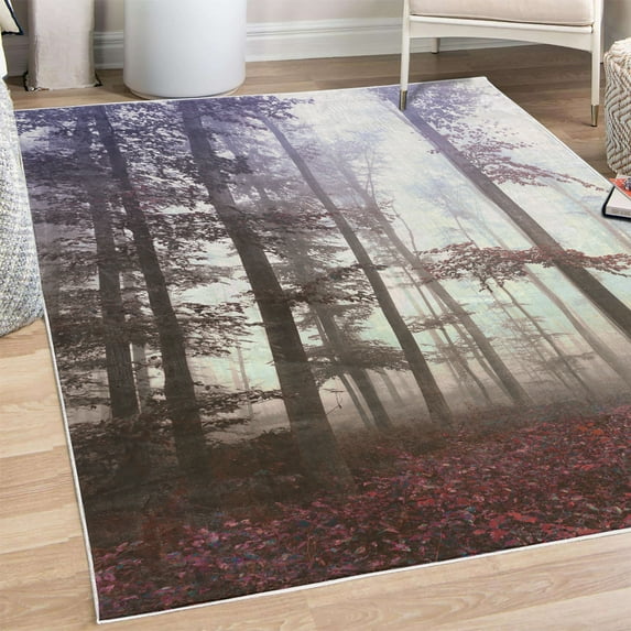 Forest Decorative Rug, Autumn Season Mystic Foggy Fall Nature and Enchanted Woods Wild Trees Print, Quality Carpet for Bedroom Dorm and Living Room, 6 Sizes, Blue Violet, by Ambesonne