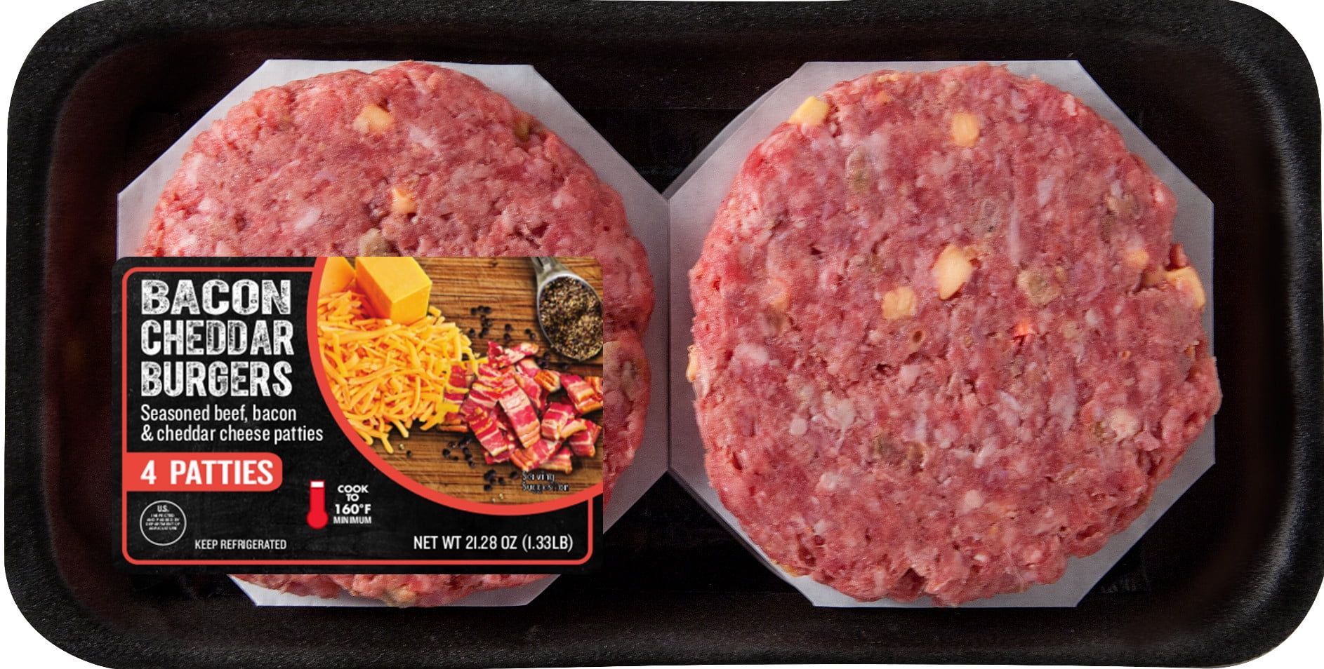 Bacon Cheddar, Ground Beef, Burgers, 4 Count, 1.33lbs, (Fresh)