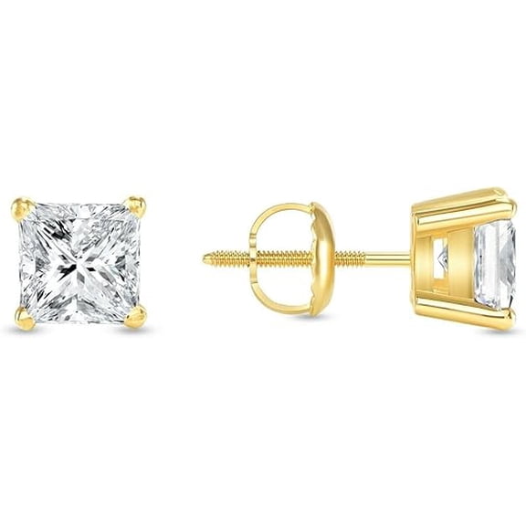 1 Carat Princess Cut Lab Grown Diamond Stud Earrings, 925 Sterling Silver, Screw Back Basket Setting, Fine Jewelry for Women