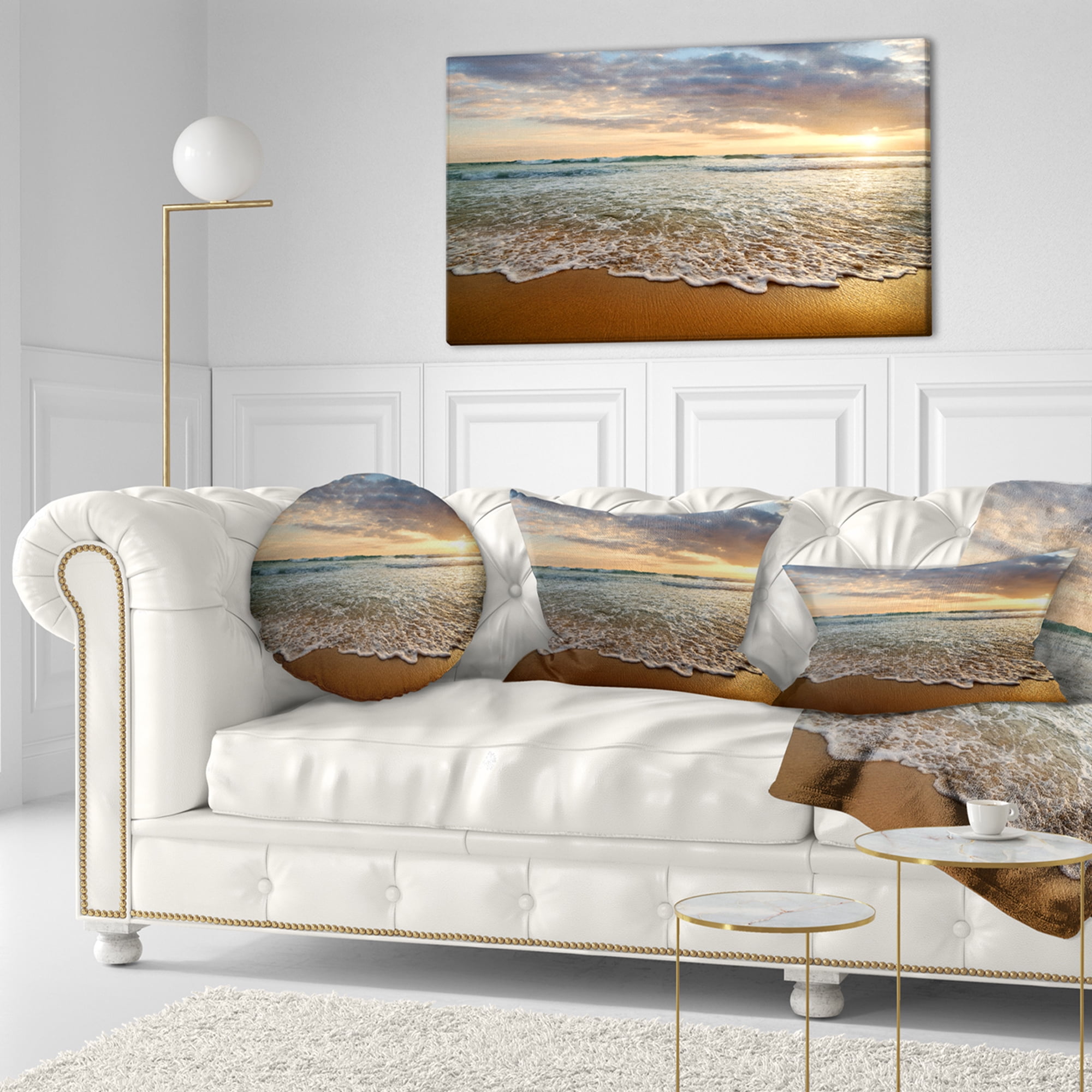 Designart Bright Cloudy Sunset in Calm Ocean - Seashore Throw Pillow - 12x20
