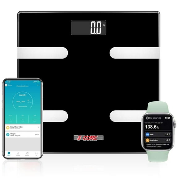 Black Smart Weighing Scale with Body Fat and Water Weight for People, Bluetooth BMI Electronic Body Analyzer Machine,