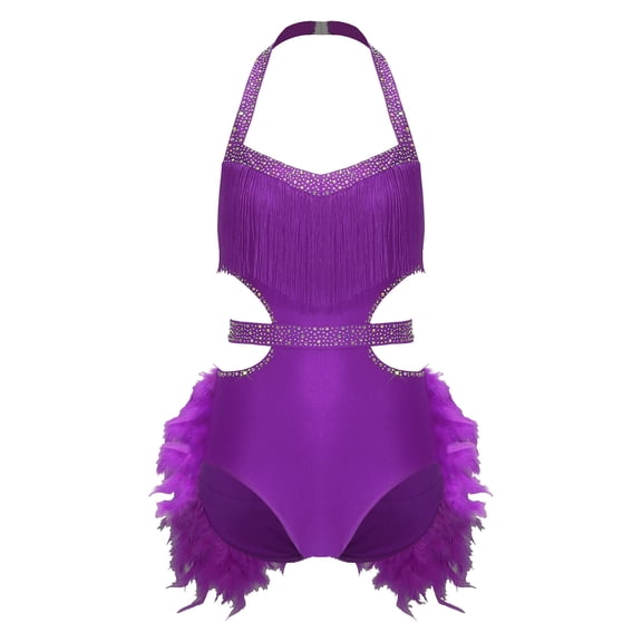 Aislor Womens Rhinestone Tassel Dance Bodysuit Tango Latin Rumba Samba Dance With Feathers Purple S