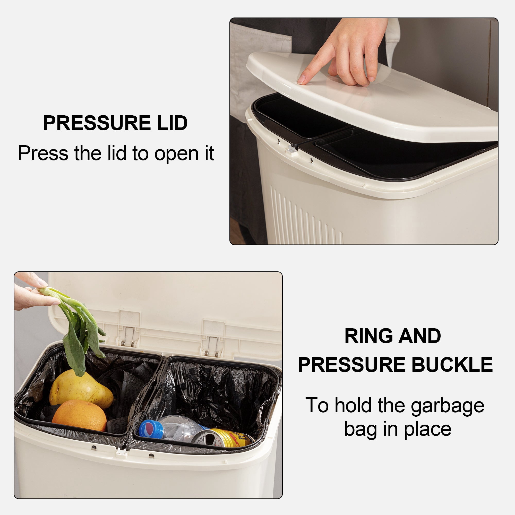 VECELO 3-Tier Kitchen Trash Can with Lid, Recycling Plastic Garbage Can with Wheels, Multi-purpose Trash Bin Categorize Waste, White