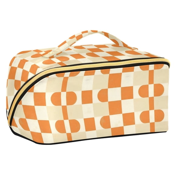 FORMRS Makeup Bag Travel Cosmetic Organizer for Women Fold Flat Zipper Pouch with Handle, Orange Checkered Pattern