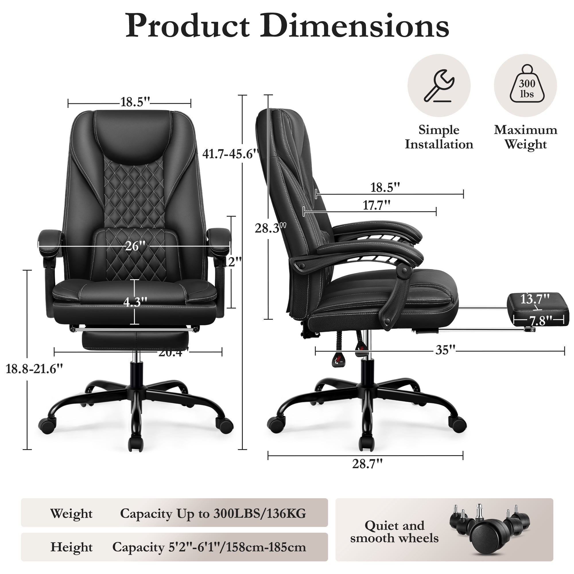 Primy Premium Executive Office Chair - Big & Tall PU Leather Reclining Chair with Footrest & Lumbar Support, 400lb Heavy Duty Ergonomic Computer Desk Chair for Home/Office, Black