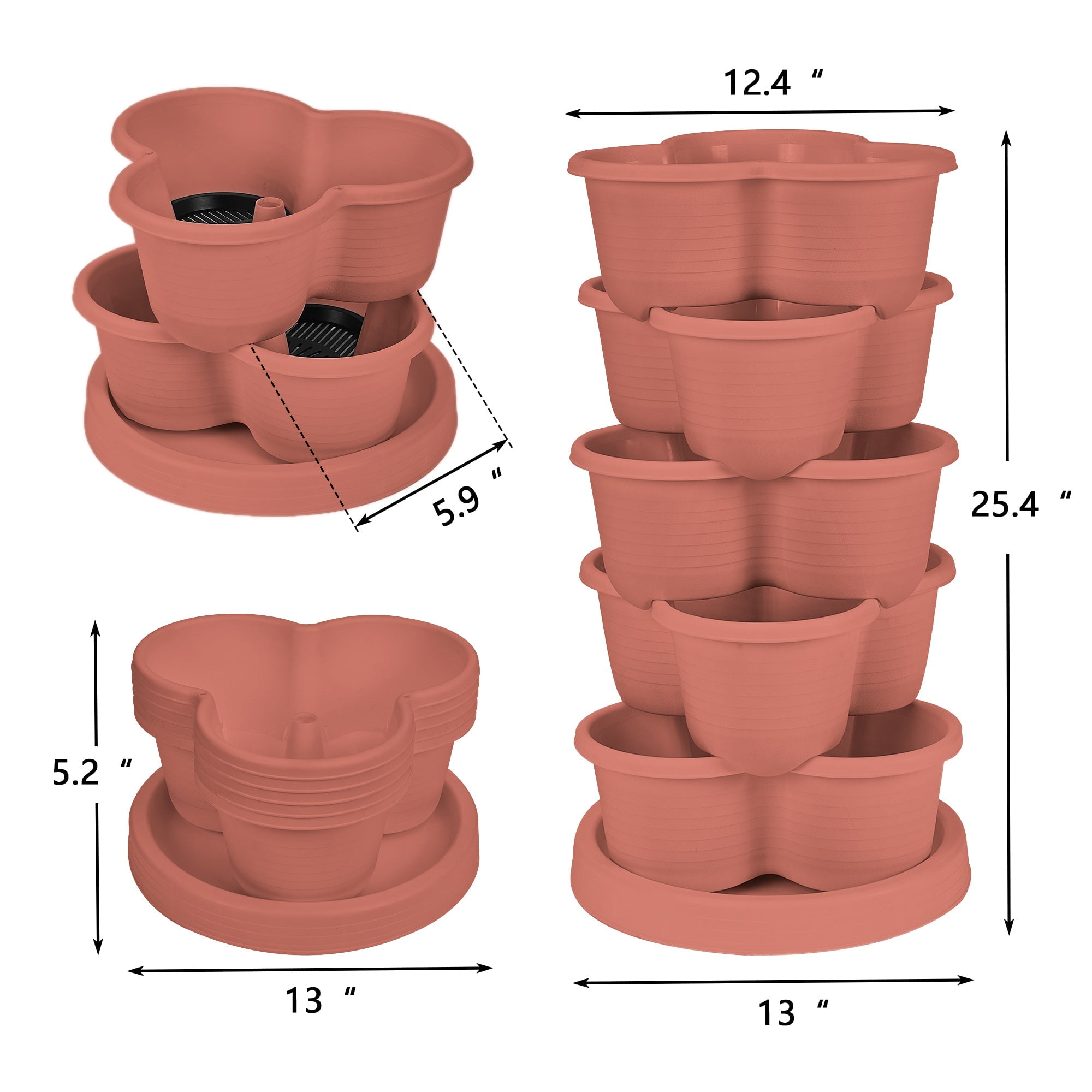 VECELO Stackable Planters 5 Tier Vertical Gardening Planter, Stackable Garden Tower Indoor Outdoor Pot For Strawberries, Flowers, Herbs, Vegetables With Removable Wheels, Orange Red