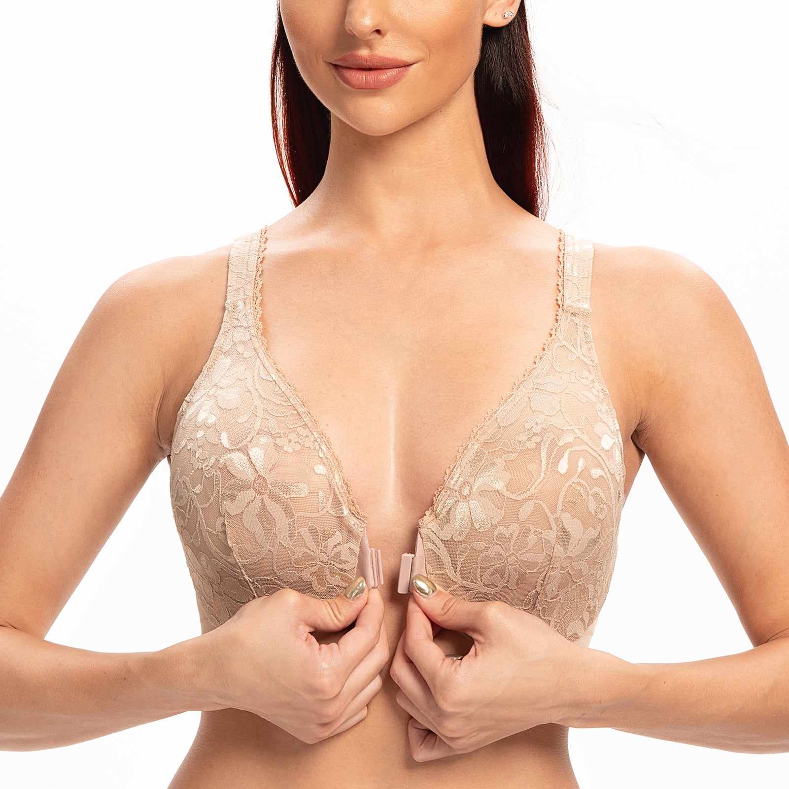 MELENECA Women's Front Closure Stretch Lace Underwire Bra Beige 36C