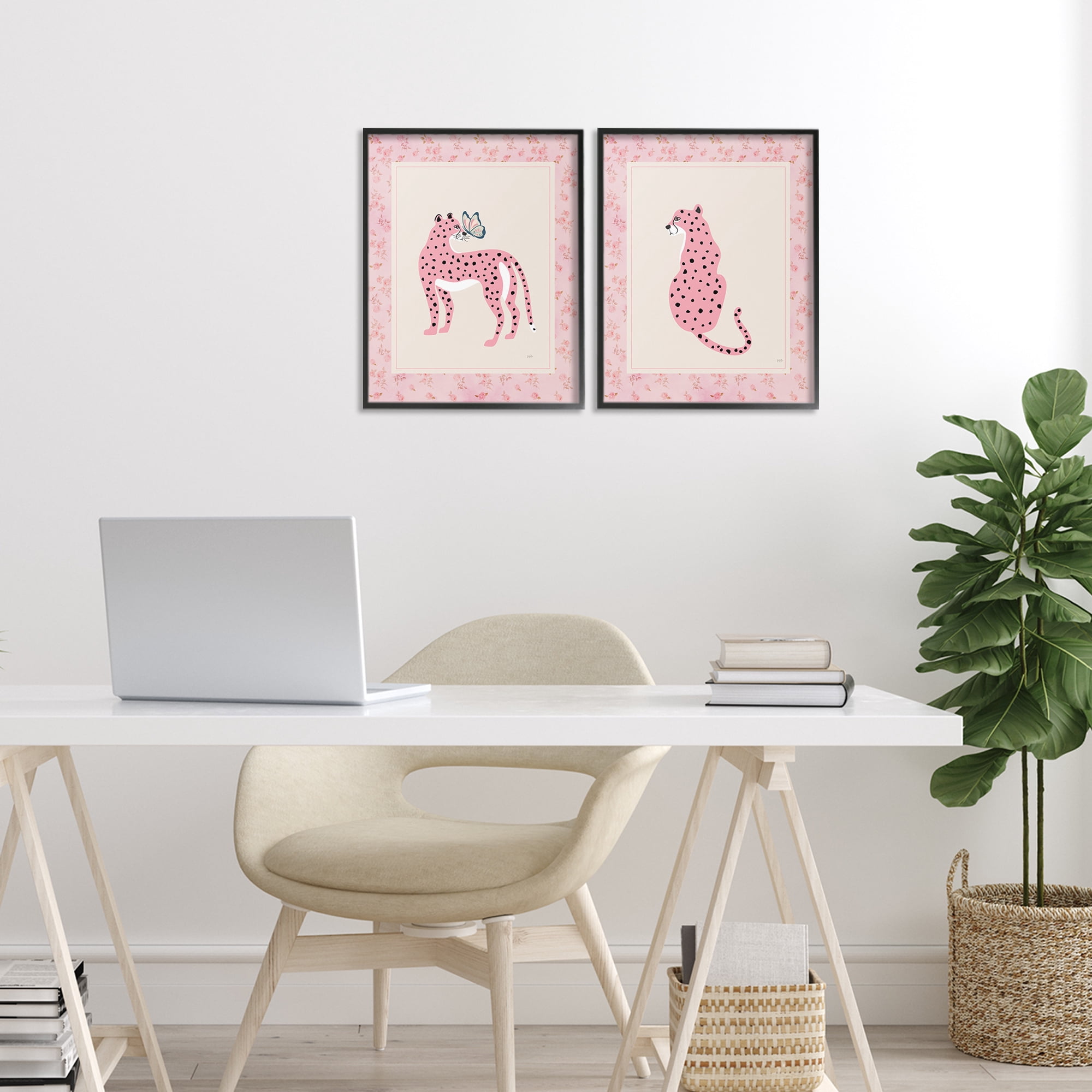Stupell Industries Pink Leopard & Floral Border 2 Piece Black Framed Giclee Art Set, design by Natalie Carpentieri