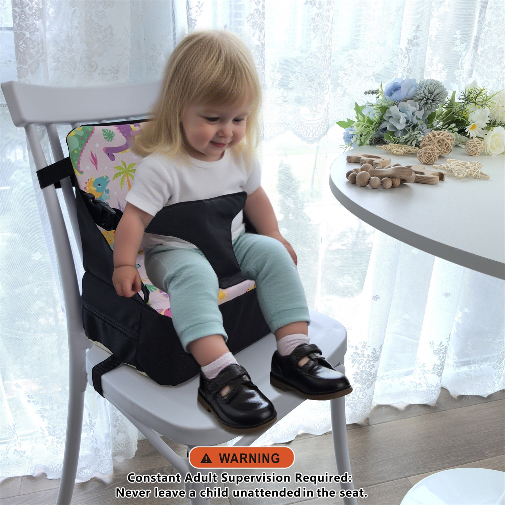 GOLDCOLIN Toddler Booster Seat Folds into Diaper Bag with Mesh & Side Pockets Storage for Diapers Bottles Waterproof Portable Adjustable Straps Non-Slip