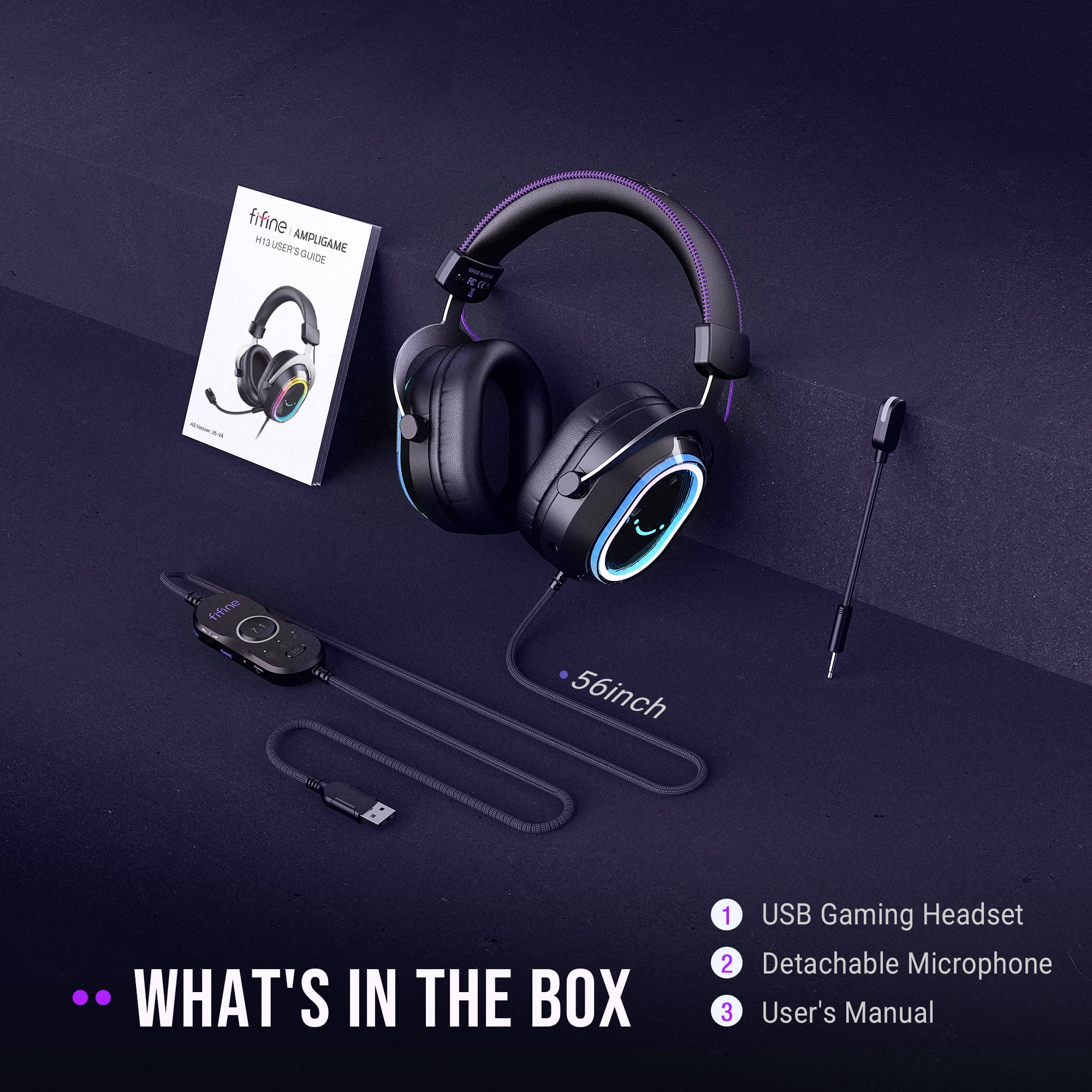 FIFINE Wired Gaming Headset with Noise Canceling Mic, USB Gamer Headphone for PC Computer, PS5/PS4 with RGB Control, 7.1 Sound, Chat/Game Balance H13