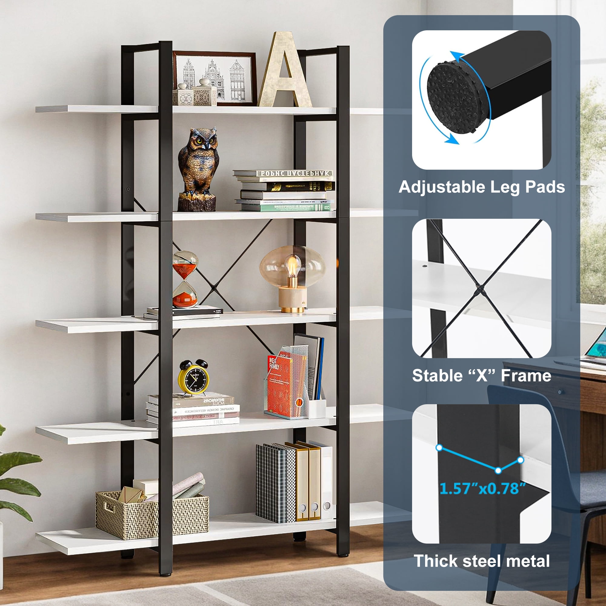 Demi Bonn 5 Tier Bookshelf, Bookshelves, Open Etagere Bookcase Shelf Storage Organizer, Free Standing Storage Shelving Unit for Bedroom, Living Room and Home Office, White & Black