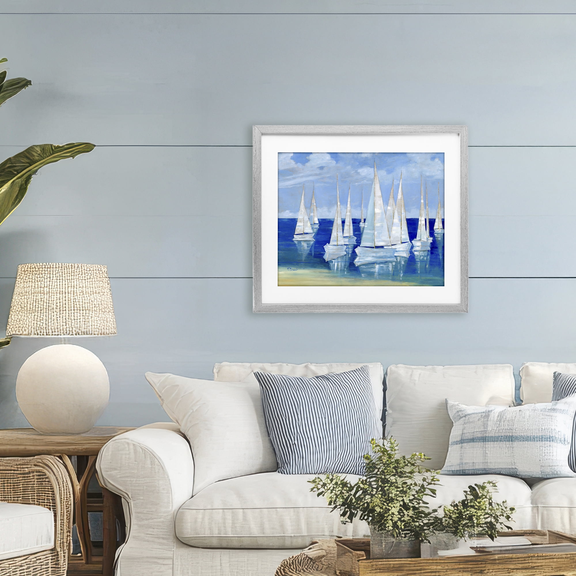 Stupell Industries Blanco Beach Sailboats Gray Framed Print Under Glass, design by Paul Brent