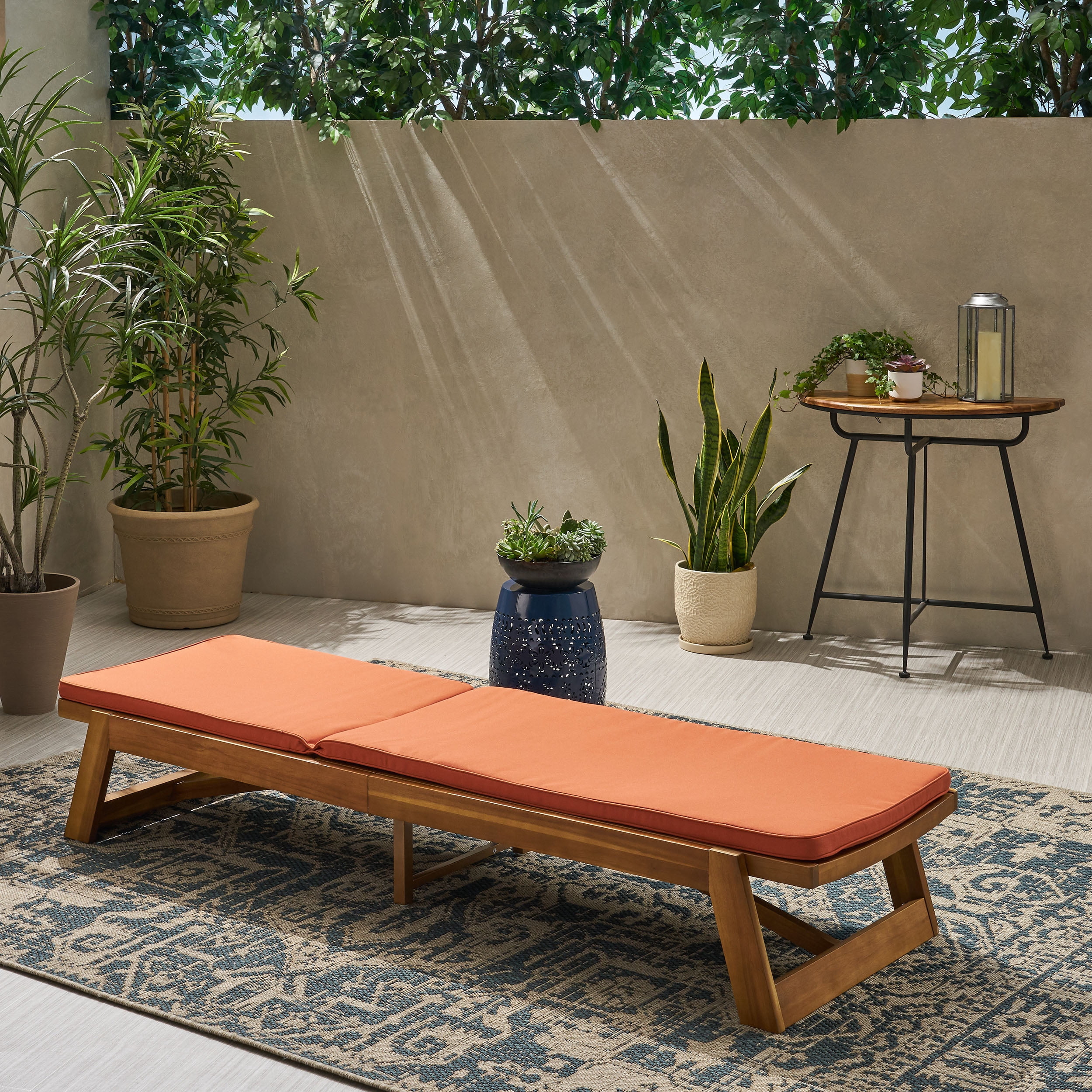 Cullen Outdoor Acacia Wood Chaise Lounge and Cushion Set, Teak and Rust Orange