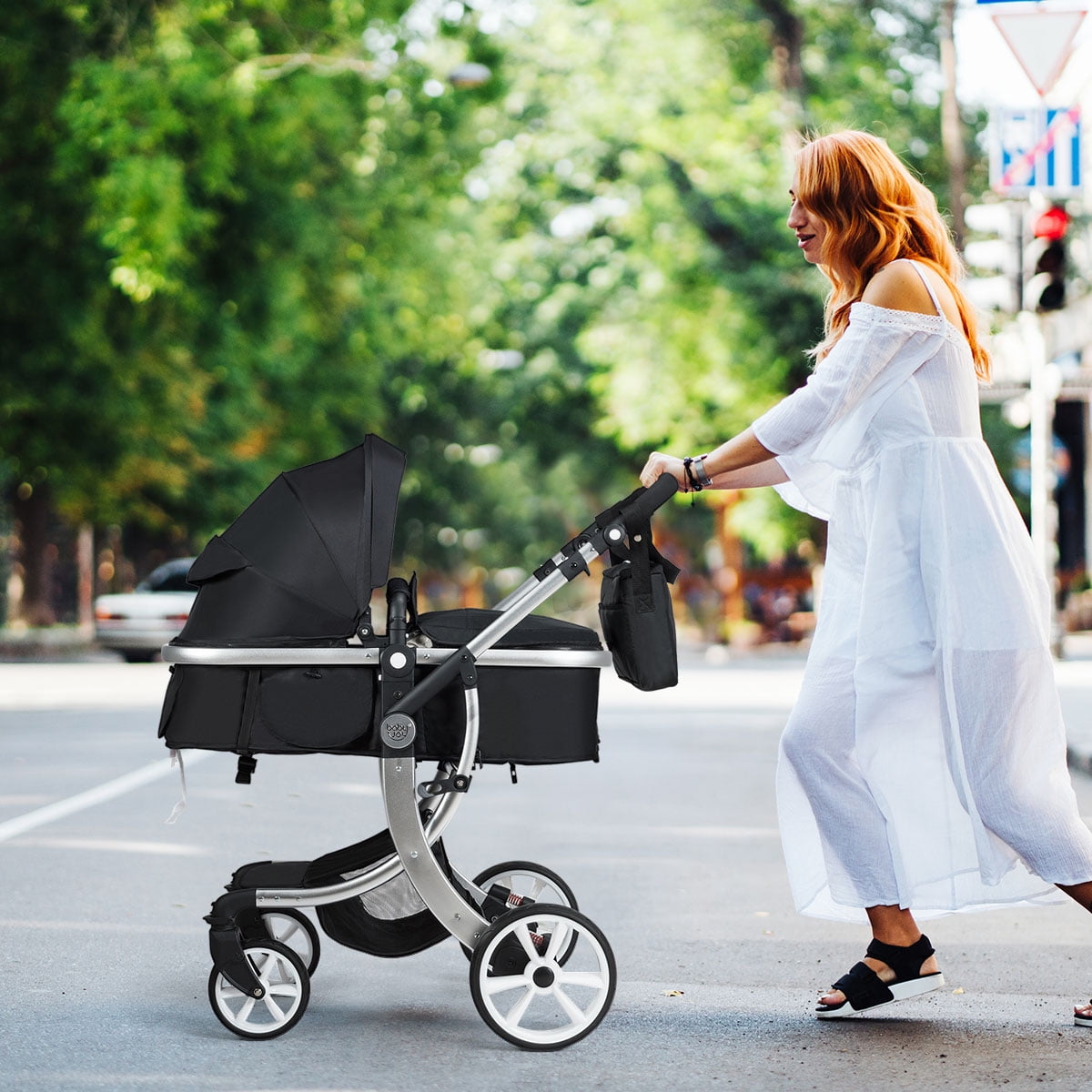 Infans Folding Aluminum Infant Reversible Baby Stroller W/ Diaper Bag Black