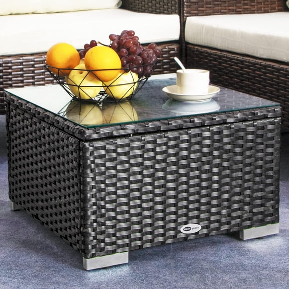 DIMAR GARDEN Outdoor Coffee Table Wicker Patio Side Table with Glass Top,19.7in Black
