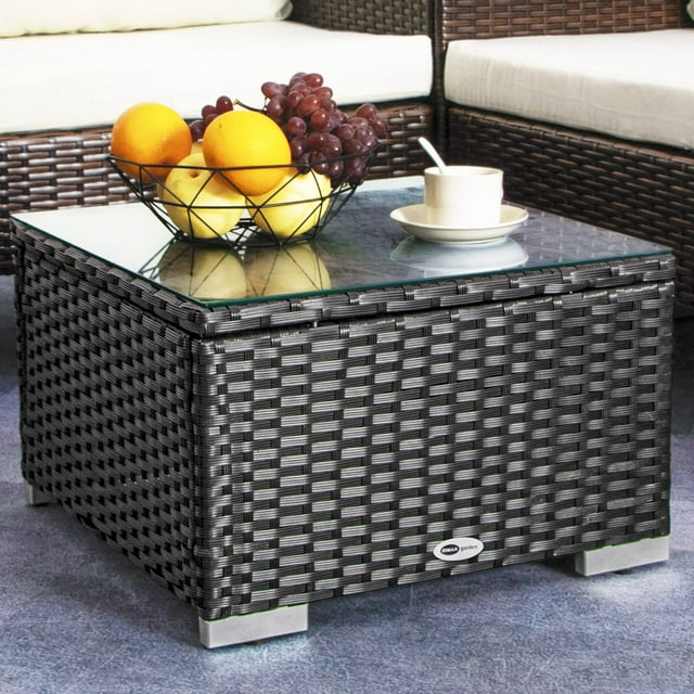 DIMAR GARDEN Table Basse d'Extérieur en Osier pour Patio, Table d'Appoint avec Dessus en Verre, 19,7 Po Noir