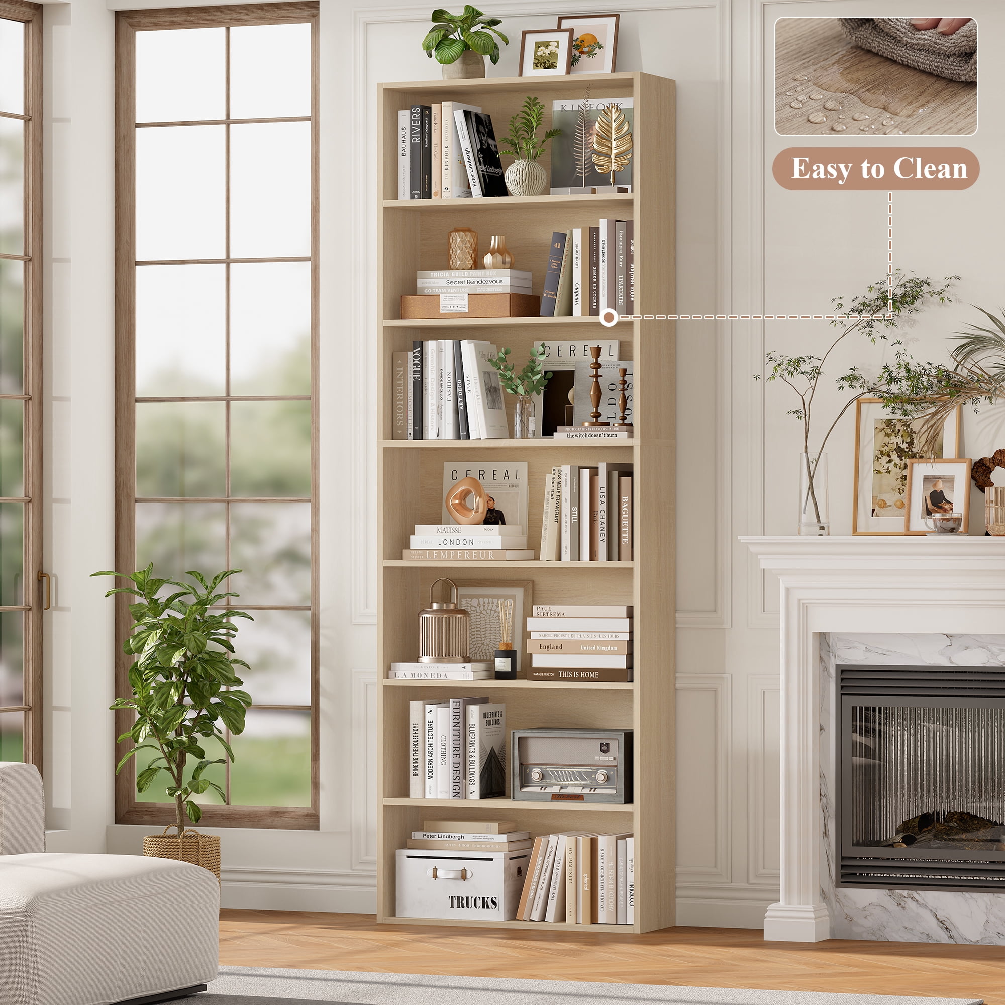 Homfa 82" Tall Bookcases Set of 2, Freestanding Display Storage Shelves, 7-Tier Open Bookshelf for Home Office Living Room Bedroom, Light Oak