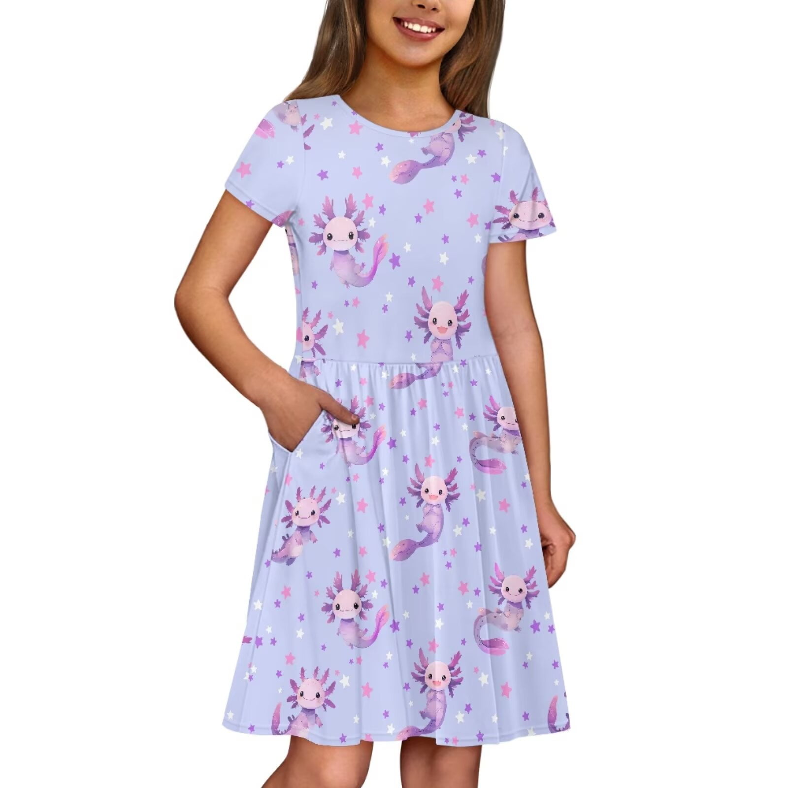 Uourmeti Kids Axolotl Short Sleeve Dresses for Girls 12-14 Cute Round Neck Knee Length Dress School Swing Dresses with Pockets