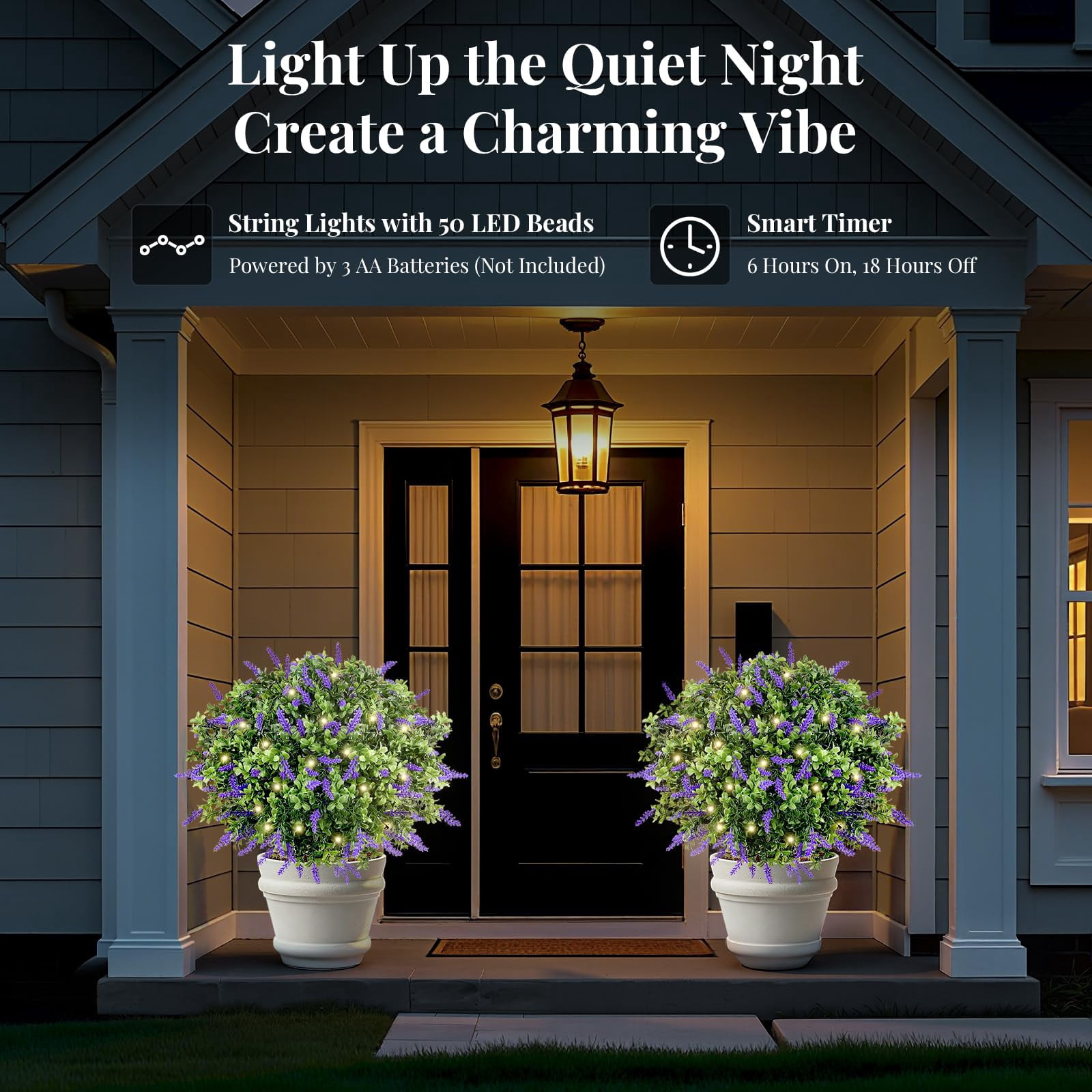 Lewondr Artificial Lavender Boxwood Topiary Ball Plants, 2 Pack Fake Plants for Outdoor with LED Lights, Faux Bushes with Ground Spike for Garden, Patio, Porch, Yard Decor