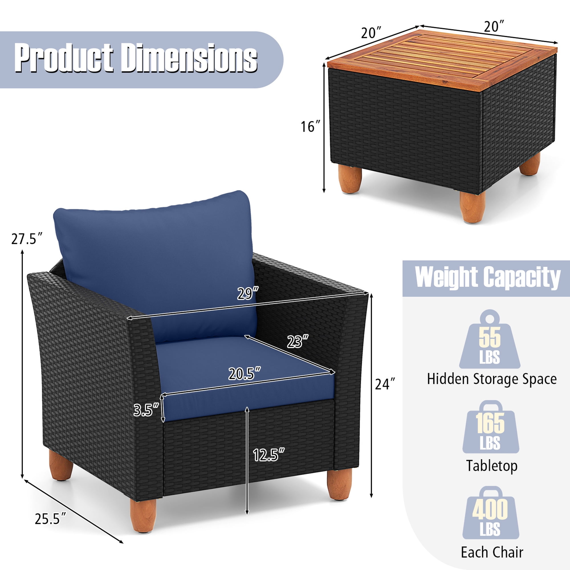 Costway 3PCS Outdoor Patio Rattan Furniture Set Wooden Table Top Cushioned Sofa Navy